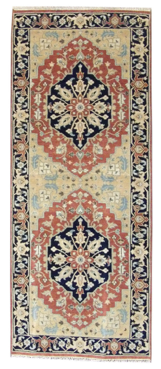 Persian tribal Serapi hand-knotted wool runner in blue and red, full view