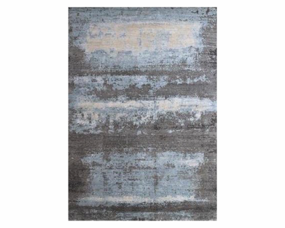 Modern Tibetan Abstract Design hand-knotted silk rug in Blue & Brown, full view