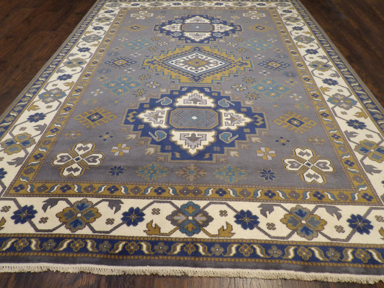 Close-up of wool pile, Blue & Beige rug