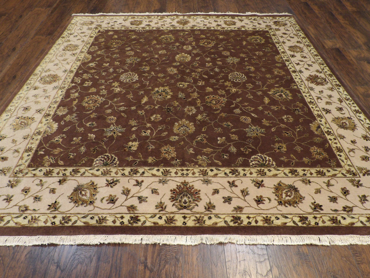 Close-up of wool-silk pile, Brown & Beige rug