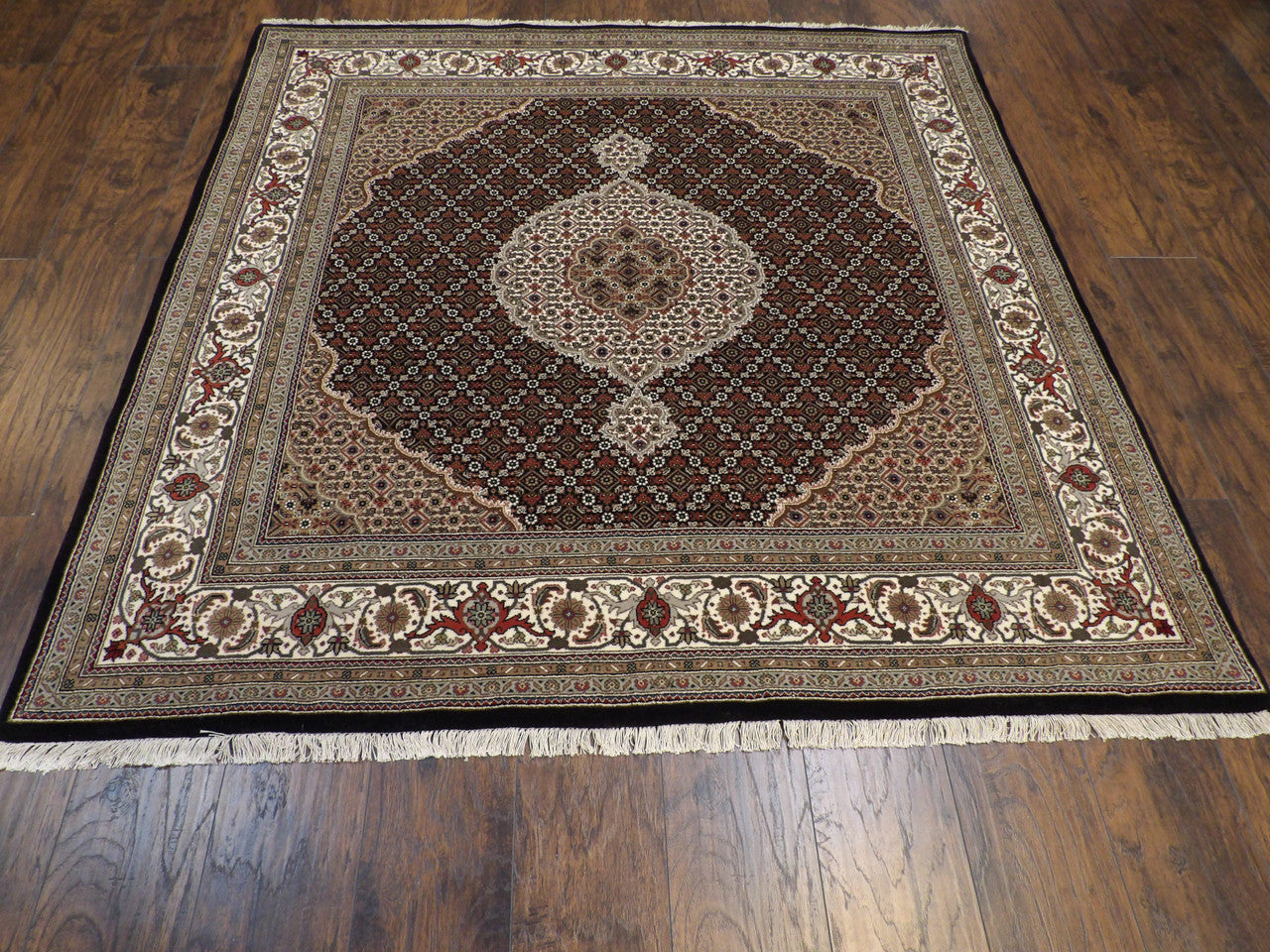 Close-up of wool-silk pile, Black & Beige rug
