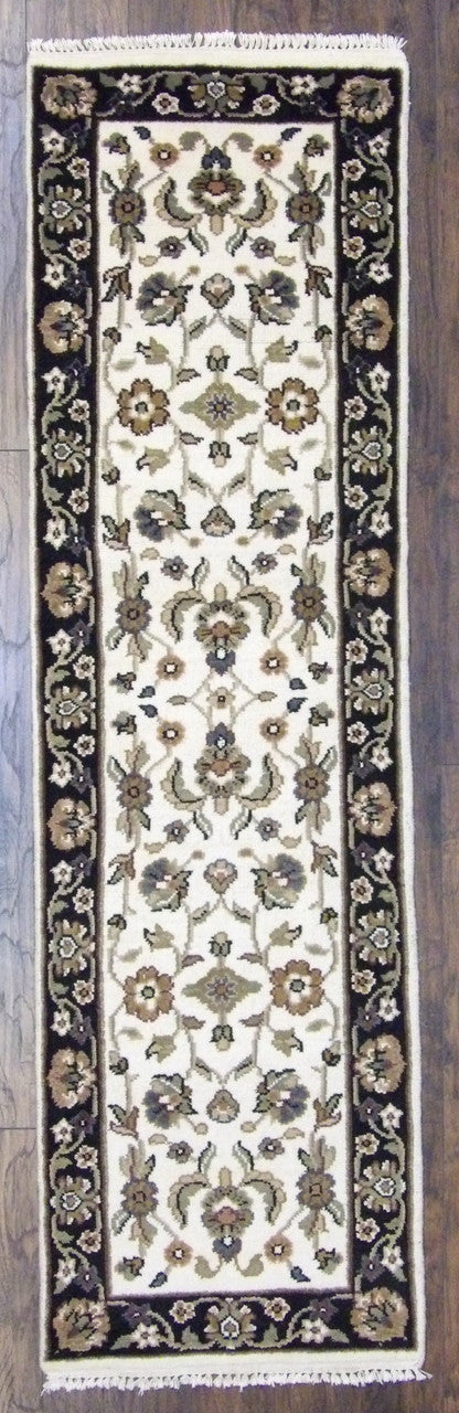 Turkish Knot Kashan Low Pile hand-knotted wool rug in Black & Beige, full view