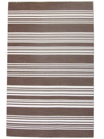 Coastal flat-weave hand-knotted wool rug in brown and ivory, full view