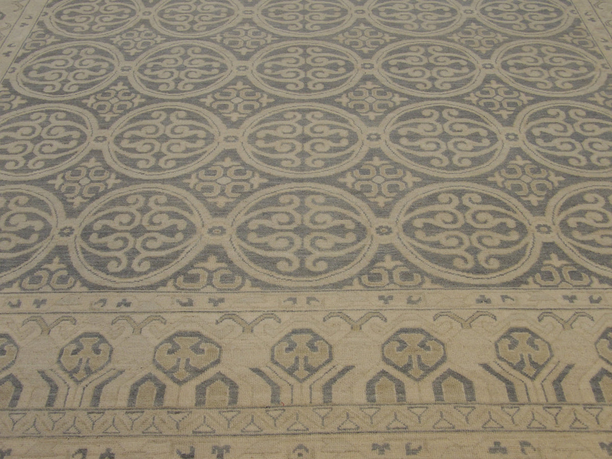 Back of hand-knotted Oushak Khotan rug showing construction