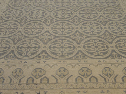 Back of hand-knotted Oushak Khotan rug showing construction