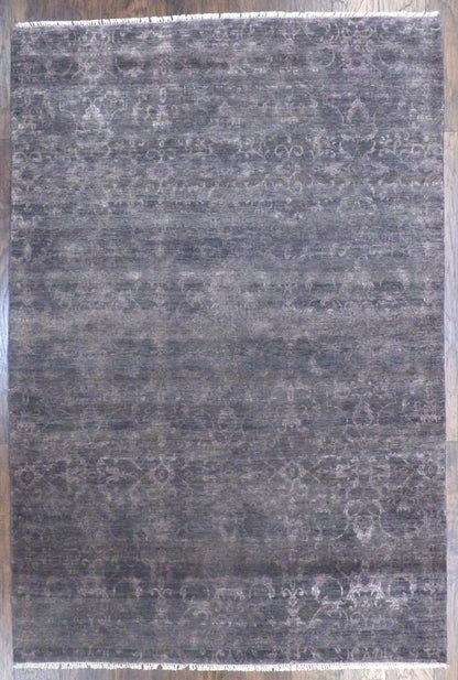 Transitional Damask Design High Low hand-knotted wool rug in Gray & Purple, full view