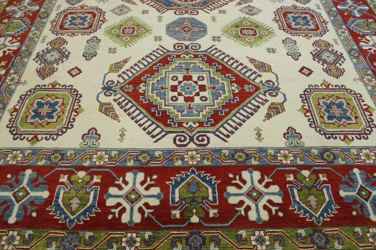 Tribal Super Kazak hand-knotted wool rug in Beige & Red, full view