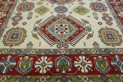 Tribal Super Kazak hand-knotted wool rug in Beige & Red, full view