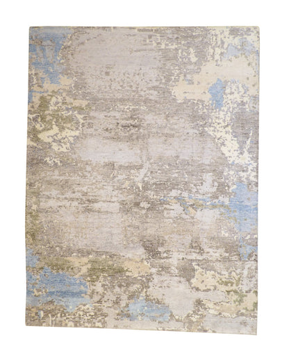 Modern Abstract Distress Design hand-knotted wool-silk rug in Blue & Multi-Color, full view