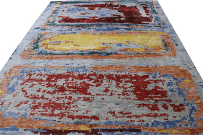 Gold 8'10" x 11'6" Modern Abstract Distress Design Hand knotted Silk Rug - Sku: w2339