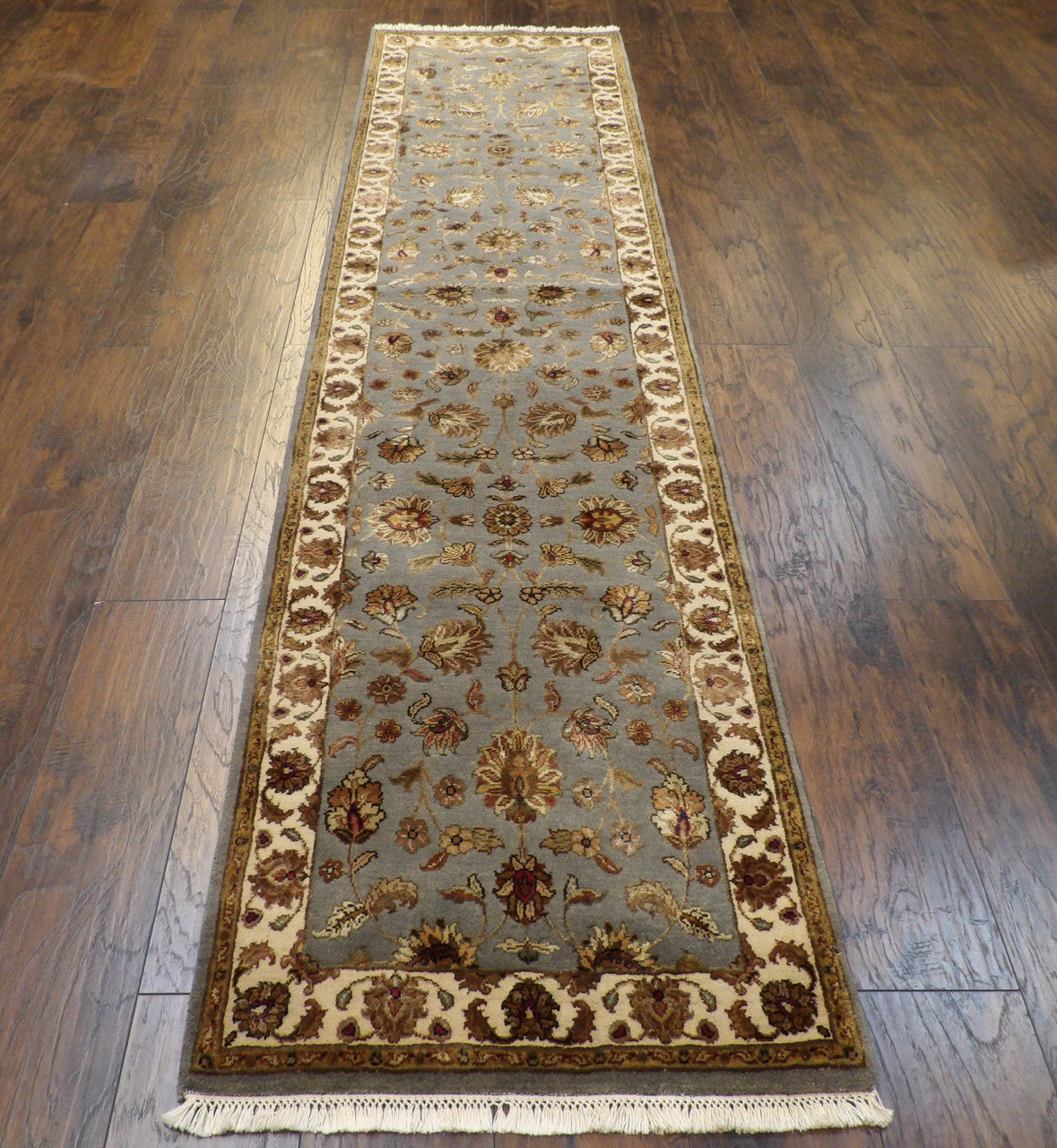 Back of hand-knotted Jaipur Kashan runner showing construction
