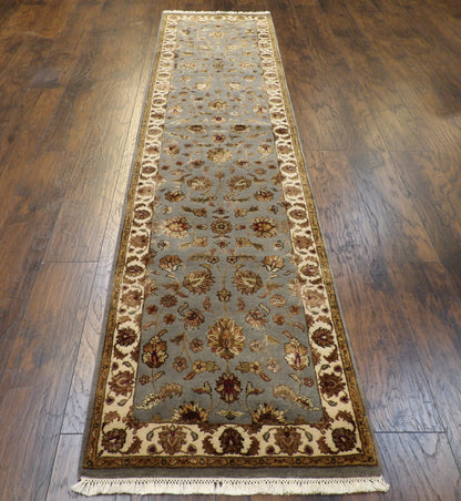 Back of hand-knotted Jaipur Kashan runner showing construction