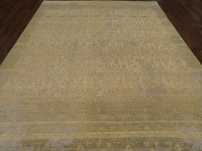 Close-up of wool-silk pile, Green & Purple rug