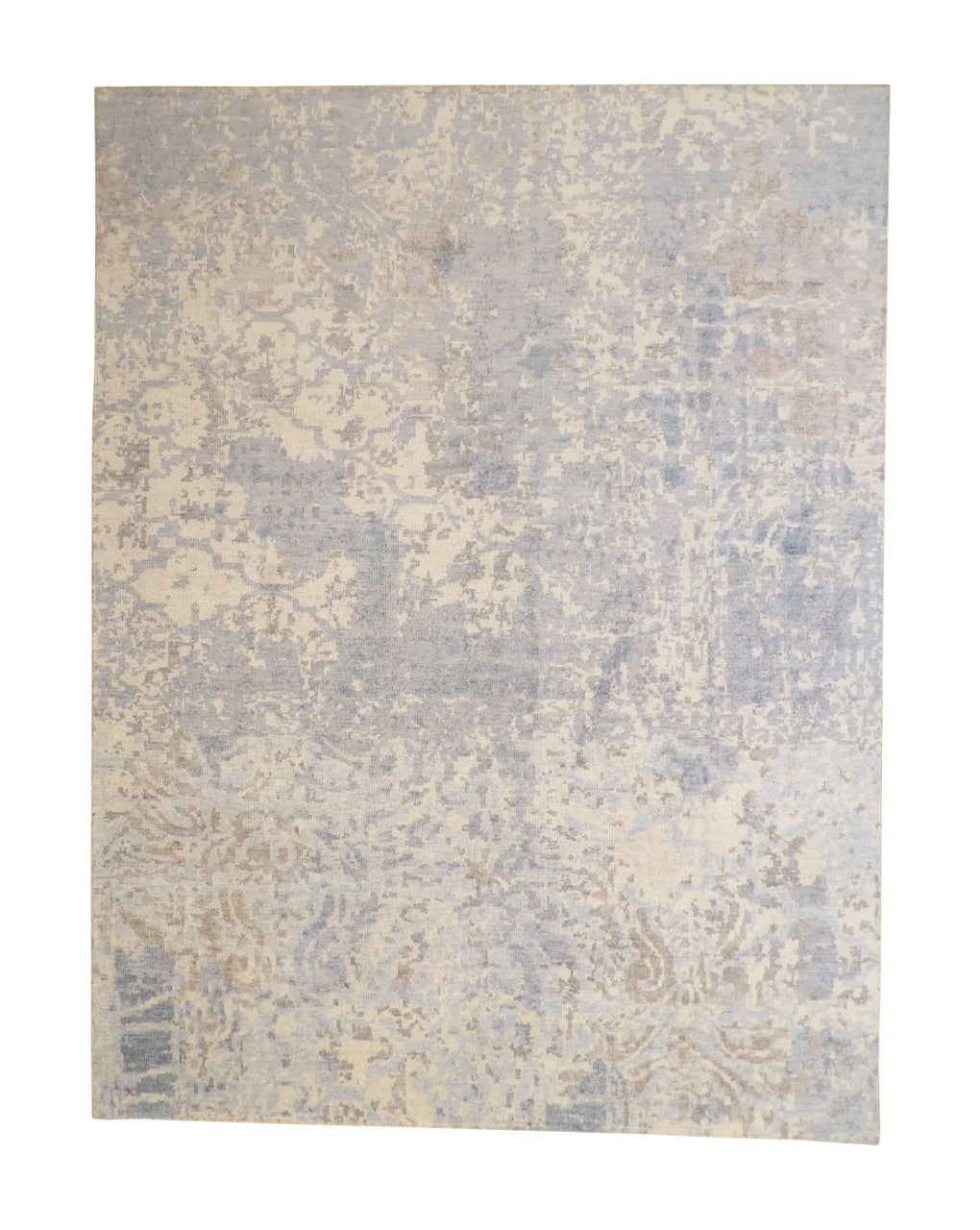 Modern Abstract Distress Design hand-knotted silk rug in Blue & Gray, full view