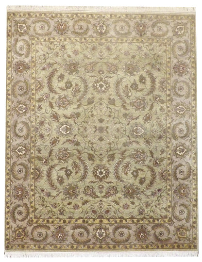 Ziegler tie-dye hand-knotted wool rug in green and gray, full view, 8x10