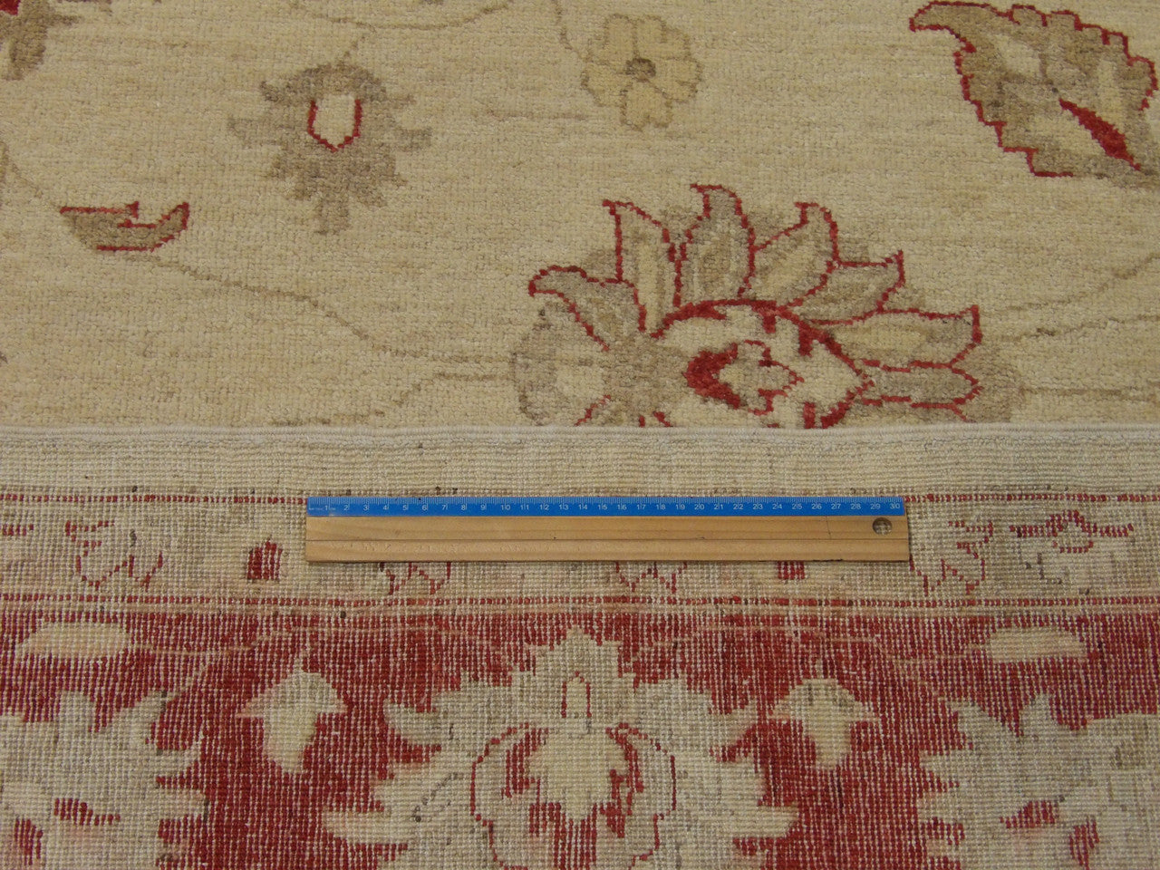 Beige & Red Oushak Chobi Natural Dye rug in room setting