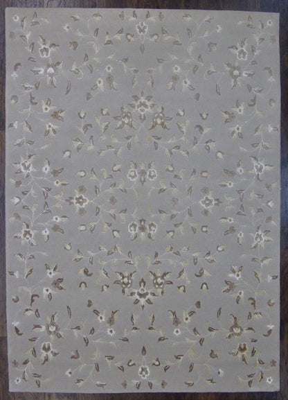 Modern Tibetan flower design high-low hand-knotted wool rug in beige and brown, full view