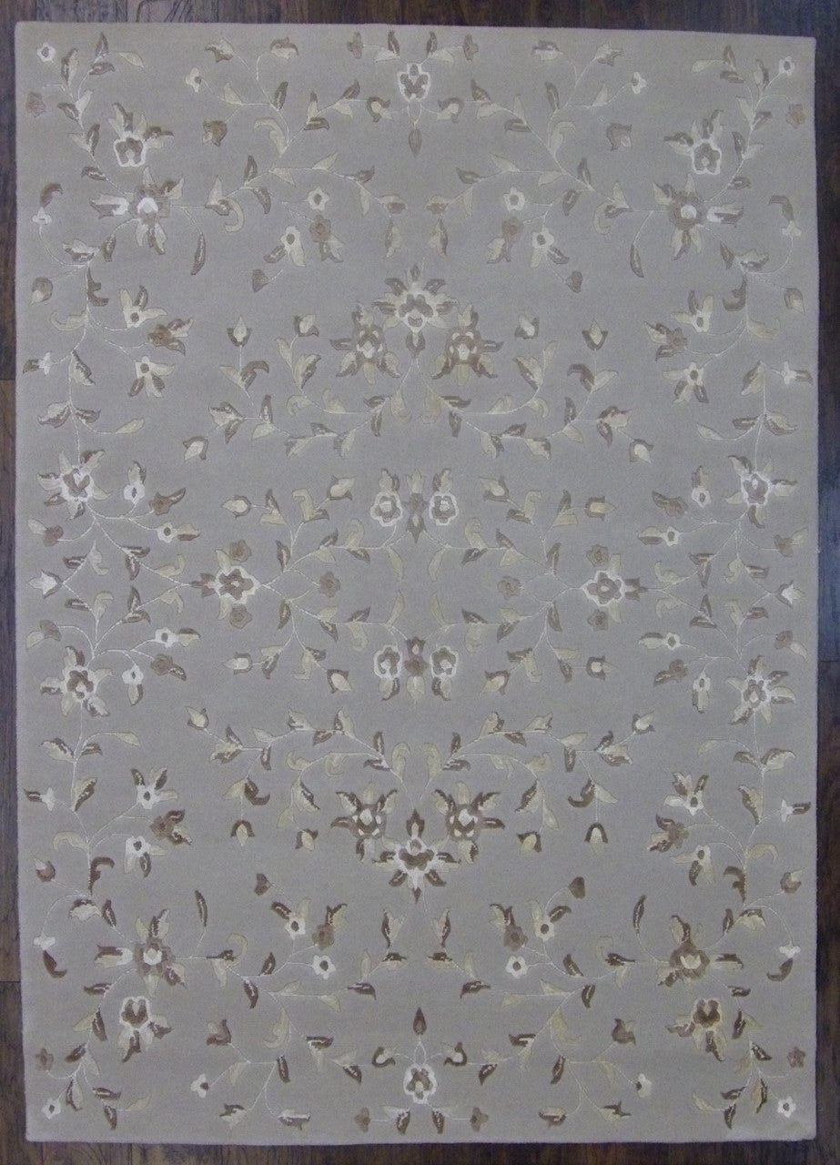 Modern Tibetan flower design high-low hand-knotted wool rug in beige and brown, full view