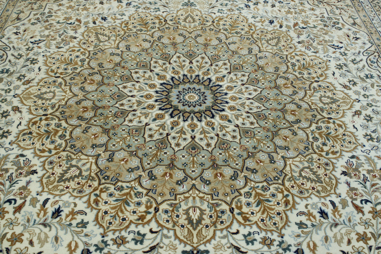Traditional Fine Qum hand-knotted wool rug in Gold & Beige, full view