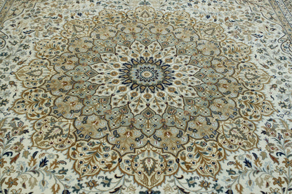 Traditional Fine Qum hand-knotted wool rug in Gold & Beige, full view