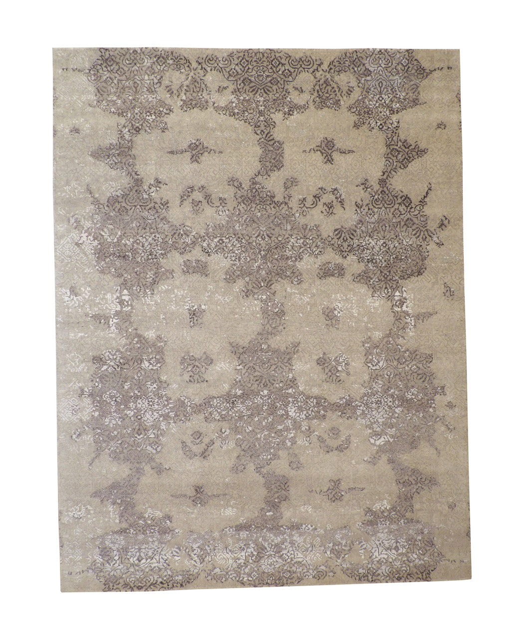 Transitional Abstract Ikat Design hand-knotted wool-silk rug in Gray & Silver, full view