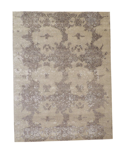 Transitional Abstract Ikat Design hand-knotted wool-silk rug in Gray & Silver, full view