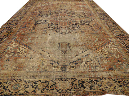 Close-up of wool pile, antique blue and brown rug