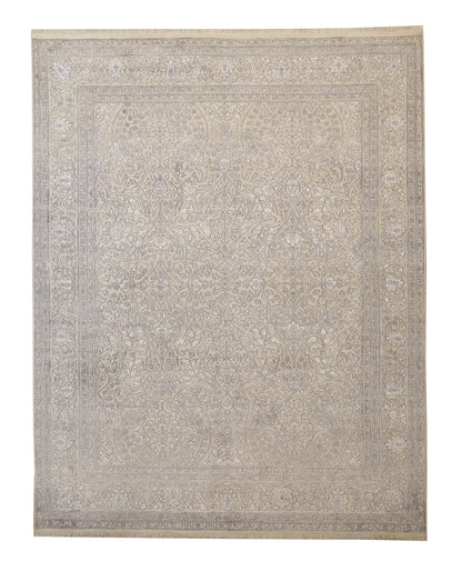 Traditional Haji Jalili hand-knotted wool-silk rug in Blue & White, full view