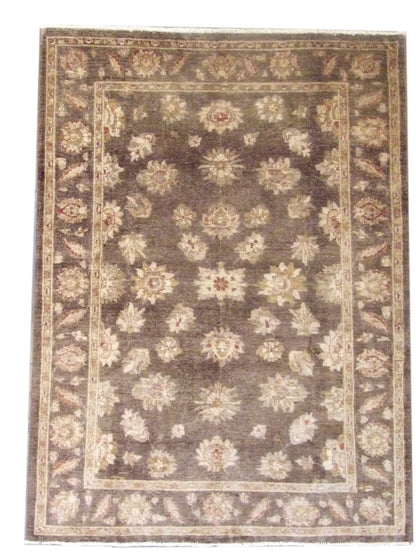 Oushak Chobie antique wash hand-knotted wool rug in brown and gold, full view, 5x8
