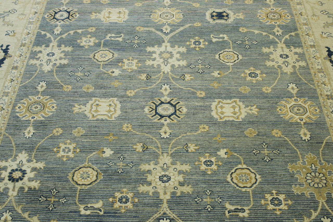 Oushak Chobi hand-knotted wool rug in Blue & Beige, full view