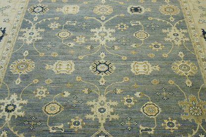 Oushak Chobi hand-knotted wool rug in Blue & Beige, full view