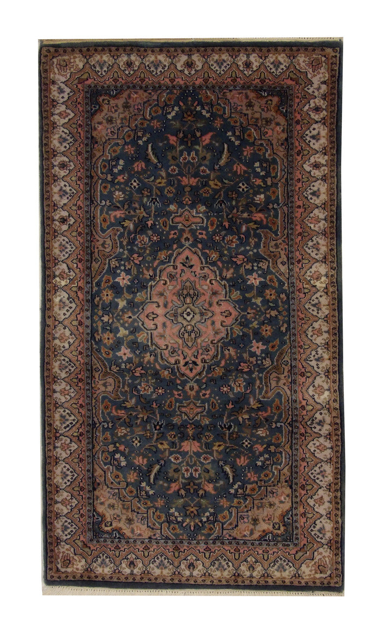 Traditional Indo Kerman hand-knotted wool rug in Teal, full view