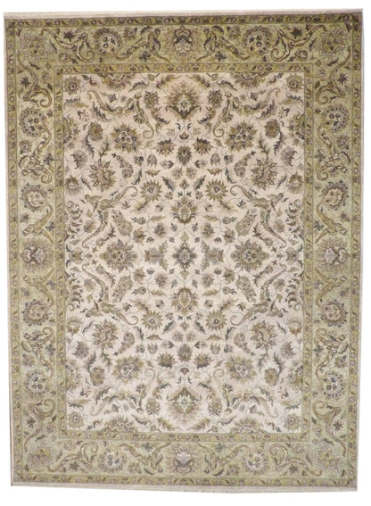 Fine Kashan Tie Dye hand-knotted wool rug in Green & Ivory, full view