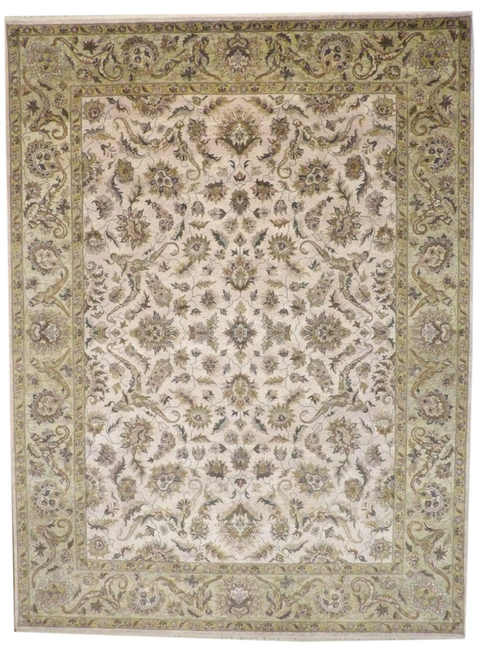 Fine Kashan Tie Dye hand-knotted wool rug in Green & Ivory, full view
