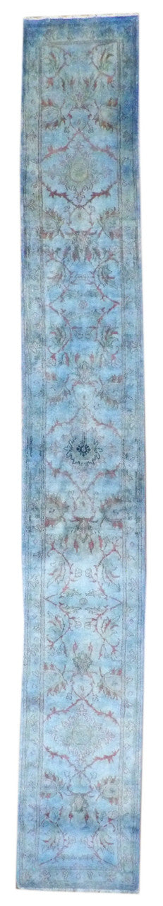 Overdye vintage Ziegler hand-knotted wool runner in blue, extra long, full view