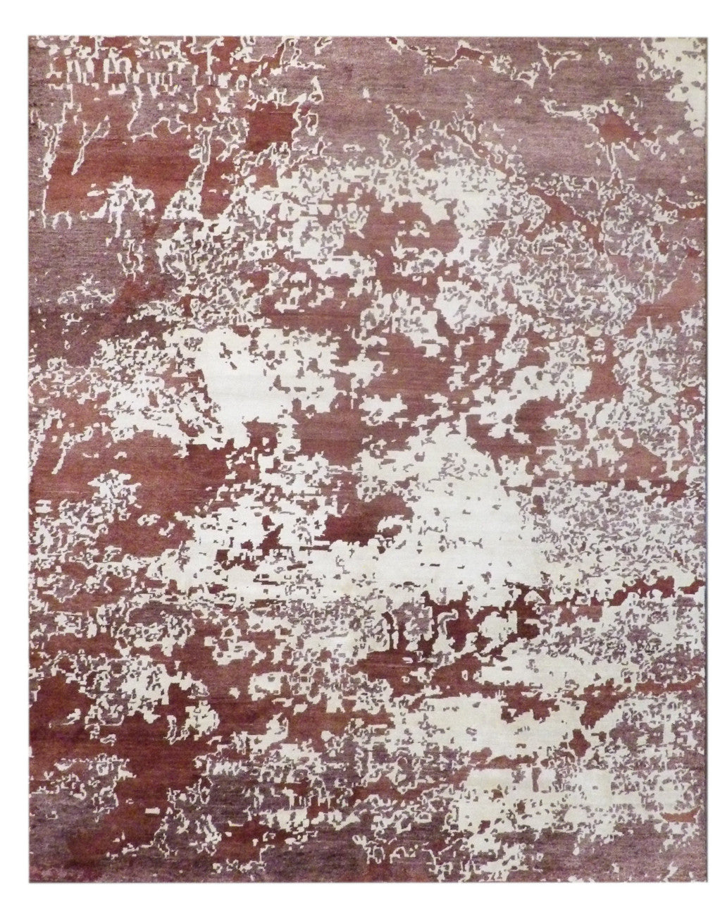 Modern abstract mosaic hand-knotted wool-silk rug in beige and rust, full view