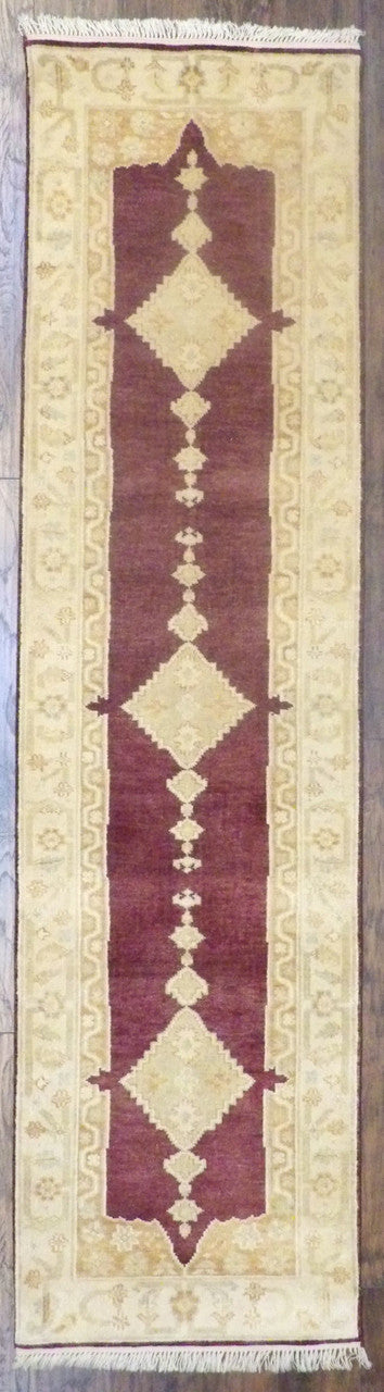 Turkish Oushak hand-knotted wool runner in brown and gold, full view