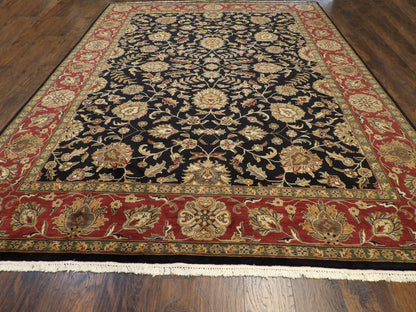 Close-up of wool pile, black and red rug