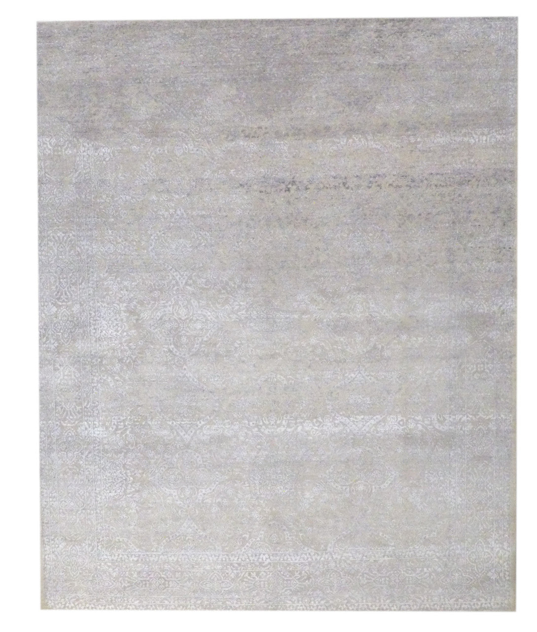 Transitional Abstract Oxidized Damask Design hand-knotted wool-silk rug in Gray & Beige, full view