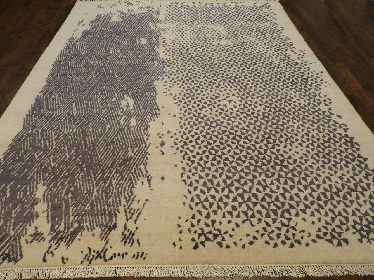 Close-up of wool pile, Black & Beige rug