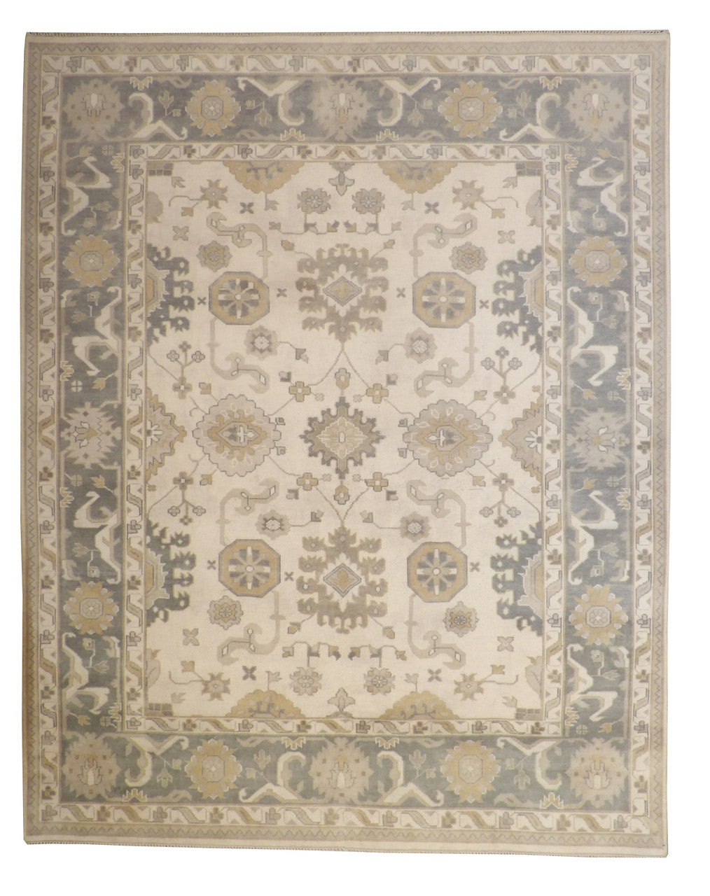 Oushak Ziegler hand-knotted wool rug in Green & Beige, full view