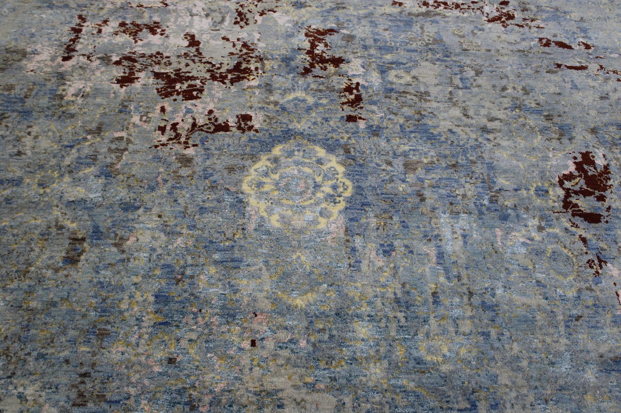 Transitional Abstract Broken Design hand-knotted wool-silk rug in Blue & Multi-Color, full view