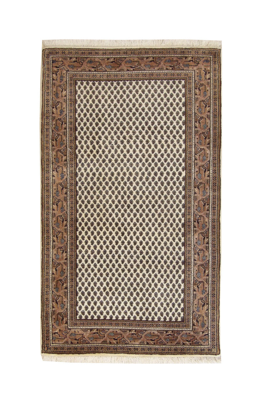 Traditional Indo Mir hand-knotted wool rug in Beige & Pink, full view
