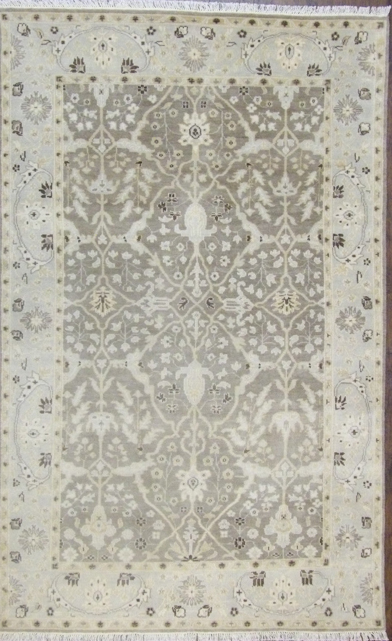 Turkish Oushak hand-knotted wool rug in brown and gold, full view