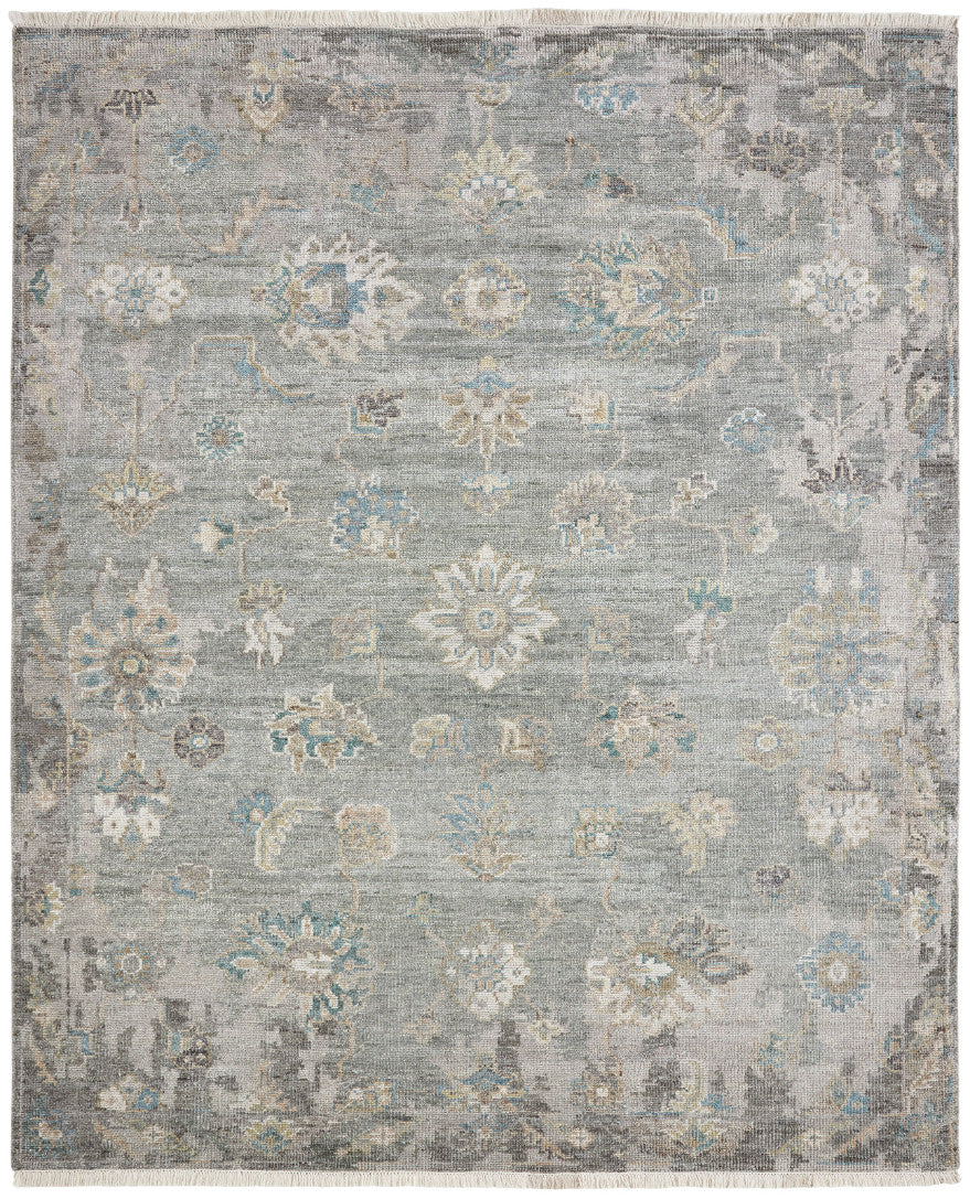 Transitional hand-knotted wool-silk rug in light gray and dark gray, full view