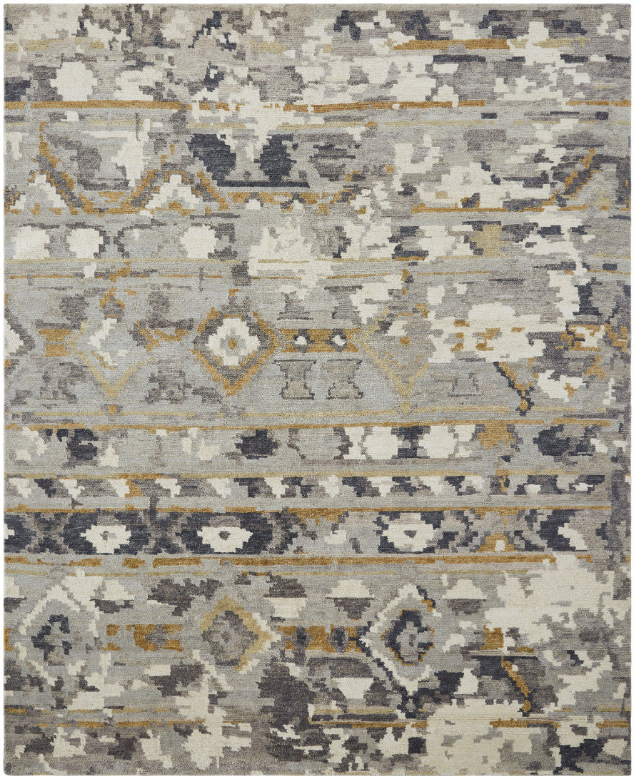 Transitional hand-knotted wool rug in gray and black, full view