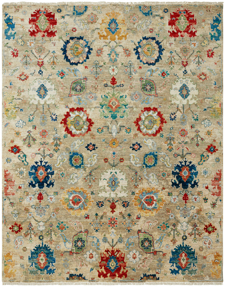 Transitional hand-knotted wool rug in beige, full view
