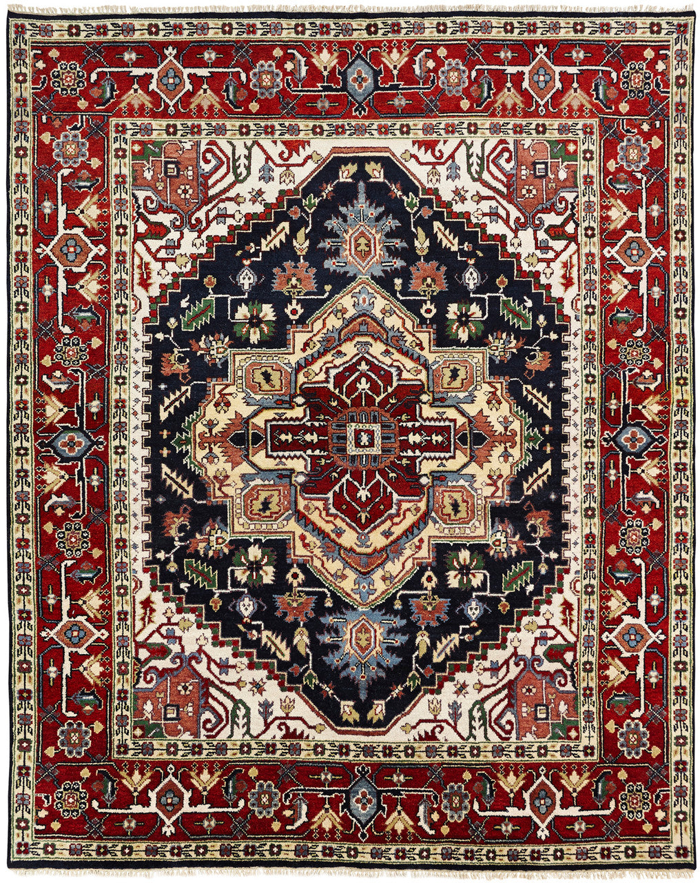 Traditional hand-knotted wool rug in red and black, full view