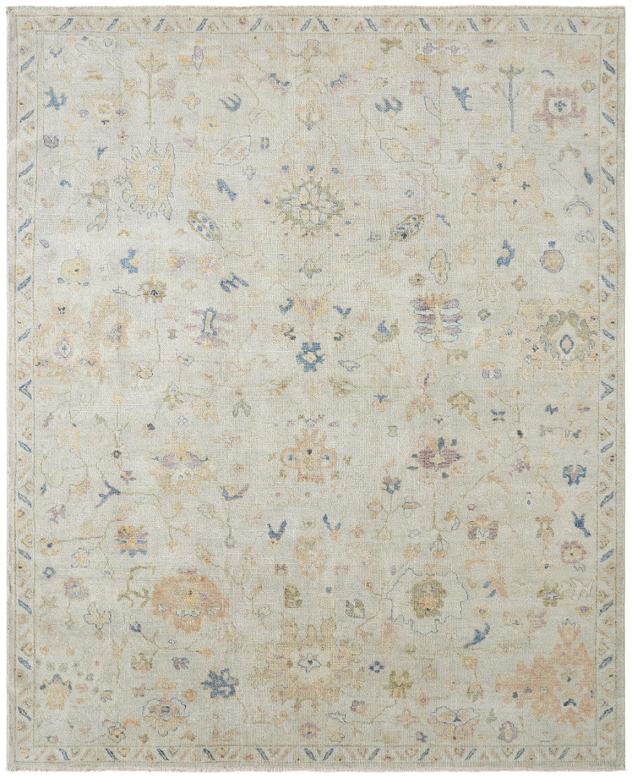 Traditional hand-knotted wool rug in gray, full view