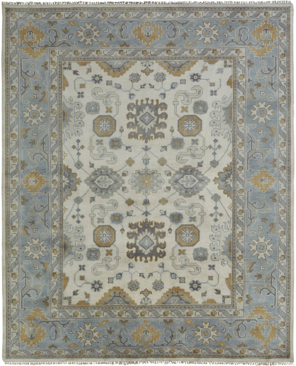 Transitional hand-knotted wool rug in beige and blue, full view